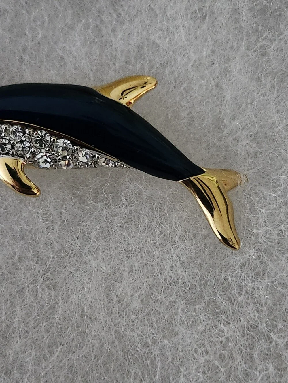 Dolphin Rhinestone Enamel Brooch - Blue & Gold Tone